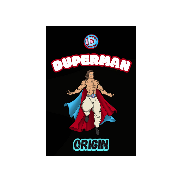 Superhero character with 'Duperman Origin' text on a black background
