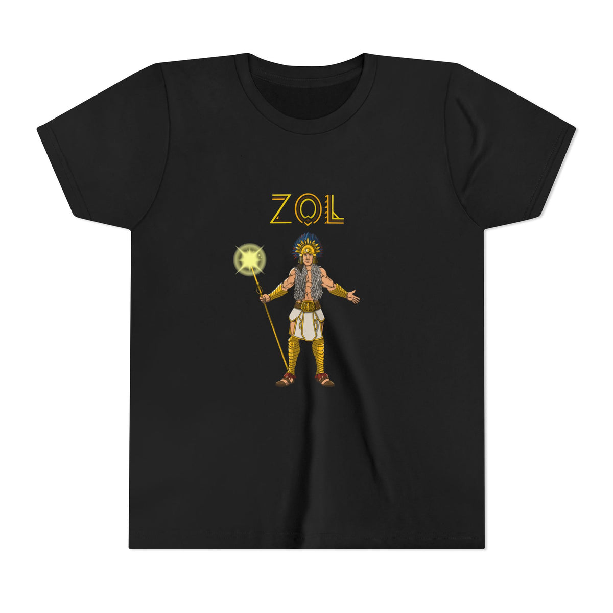 Black t-shirt with a graphic design of a character holding a staff and a disc, with 'ZOL' text above, on a white background.