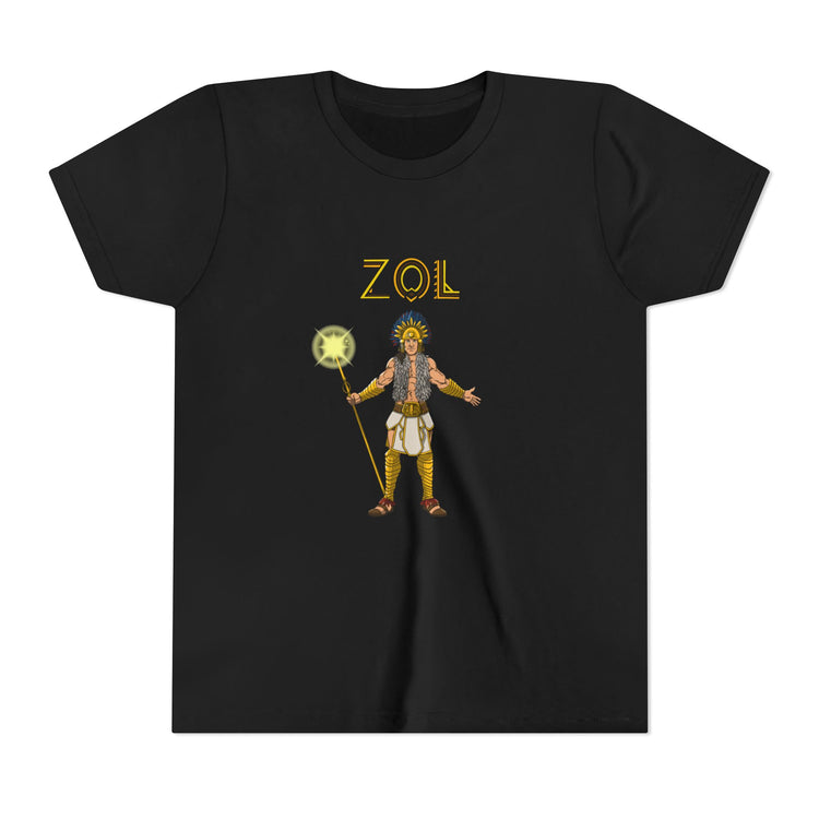 Black t-shirt with a graphic design of a character holding a staff and a disc, with 'ZOL' text above, on a white background.