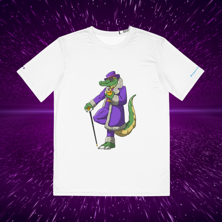 White t-shirt with a cartoon crocodile in a suit on a purple starry background