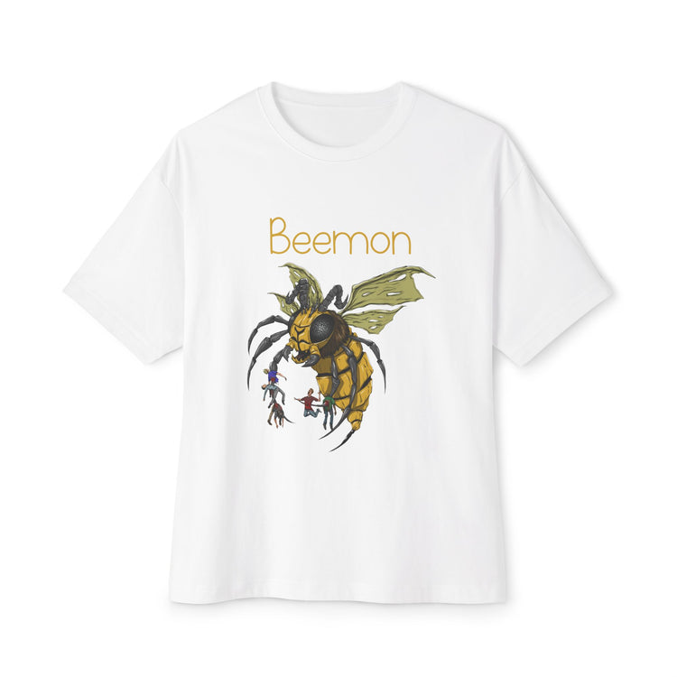 White t-shirt with a graphic of a bee-like creature and 'Beemon' text on a white background