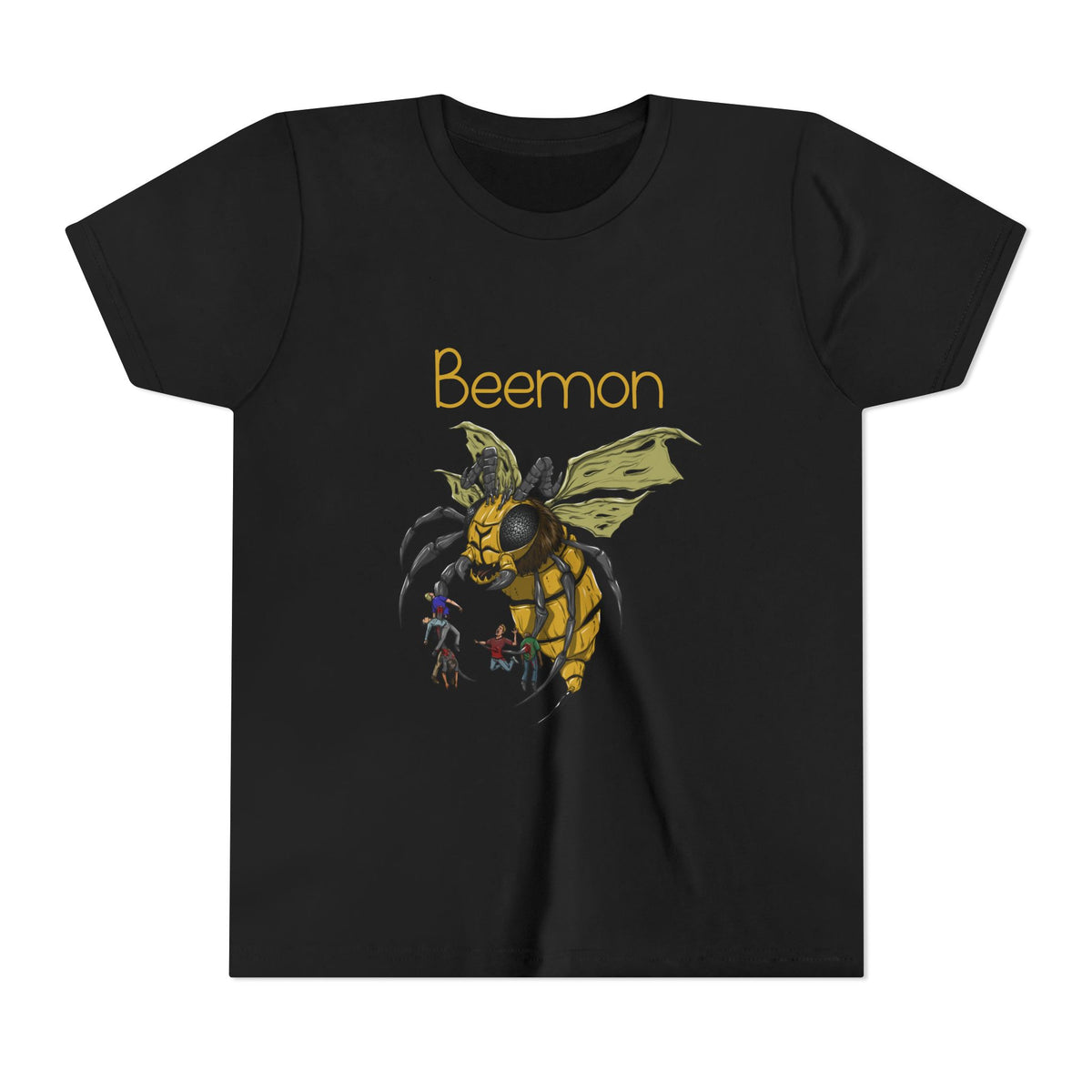 Black t-shirt with a bee-themed graphic and 'Beemon' text on a white background