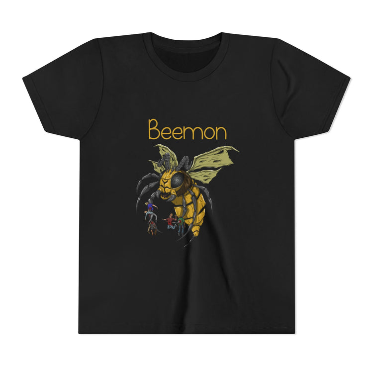 Black t-shirt with a bee-themed graphic and 'Beemon' text on a white background