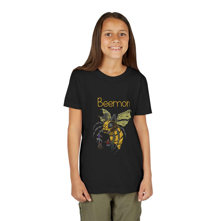 Child wearing a black t-shirt with a bee graphic and 'Beemon' text on a white background