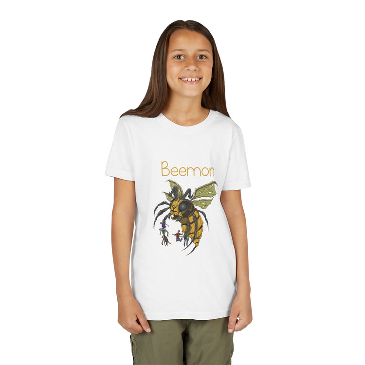 Young girl wearing a white t-shirt with a bee graphic and 'Beemon' text on a white background