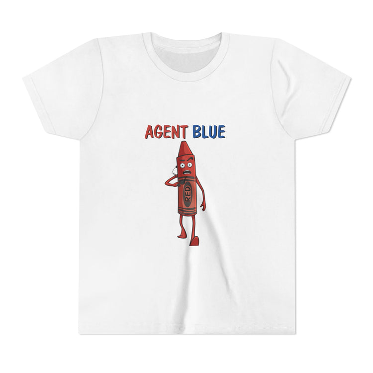 White t-shirt with a cartoon red crayon character and 'Agent Blue' text on a white background