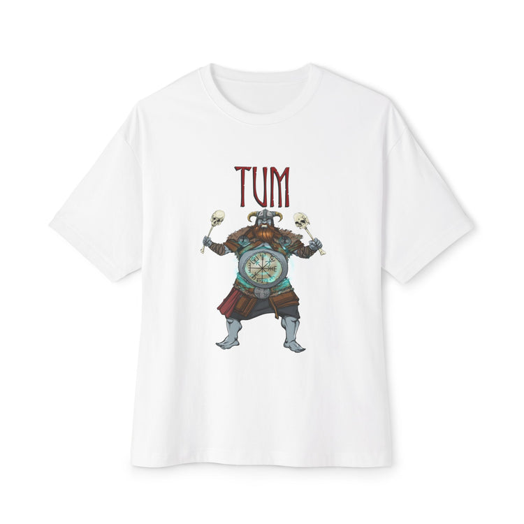 White t-shirt with a graphic design and 'TUM' text on a white background