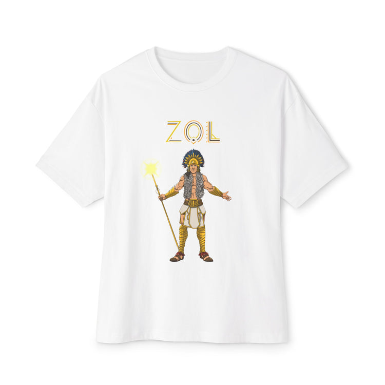 White t-shirt with a graphic of a character holding a staff and the text 'ZOL' on a white background