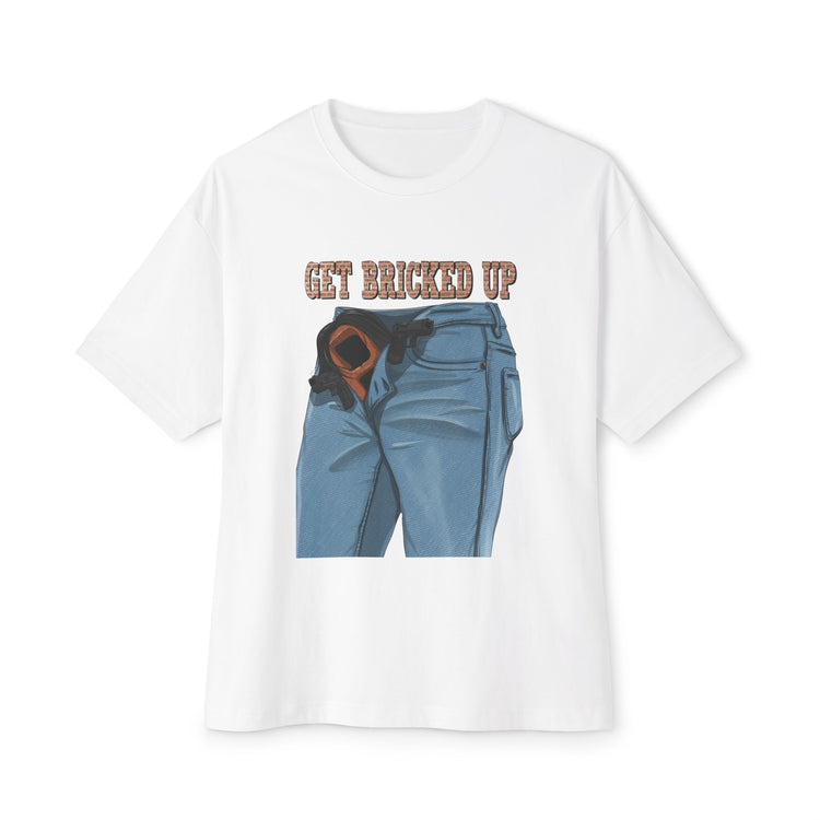 A white short-sleeve crewneck t-shirt featuring a graphic print of blue jeans with a black belt and an orange awareness ribbon, accompanied by the text 'GET BRICKED UP' in brown.