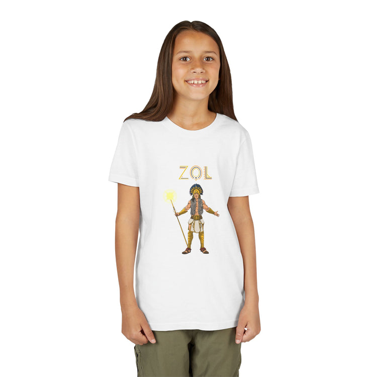 Young girl wearing a white t-shirt with a graphic design and 'ZOL' text on a white background