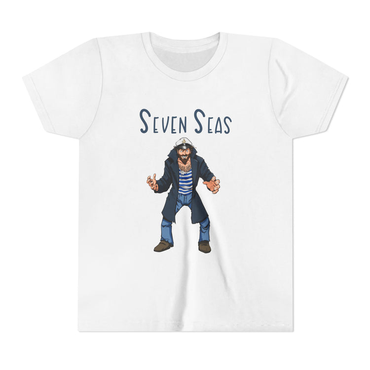 White t-shirt with a cartoon character and 'Seven Seas' text on a white background