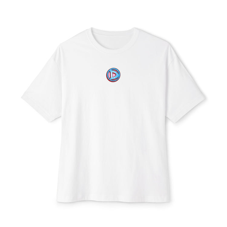 White t-shirt with a colorful logo on a white background