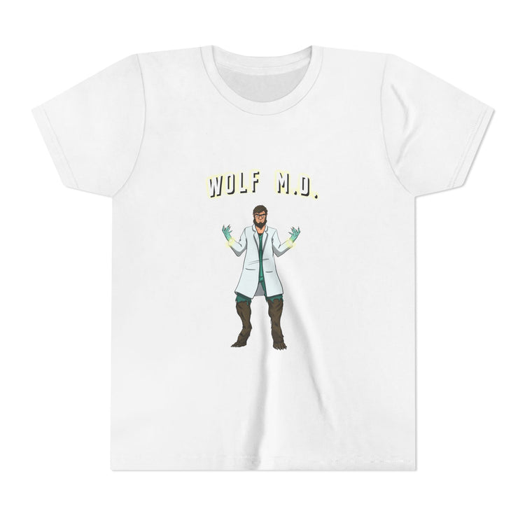 White t-shirt with a graphic of a person in a lab coat and 'Wolf M.D.' text on a white background