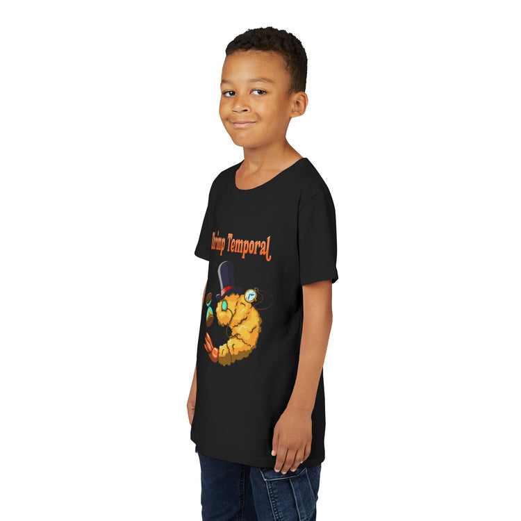 Child wearing a black t-shirt with a graphic design on a white background
