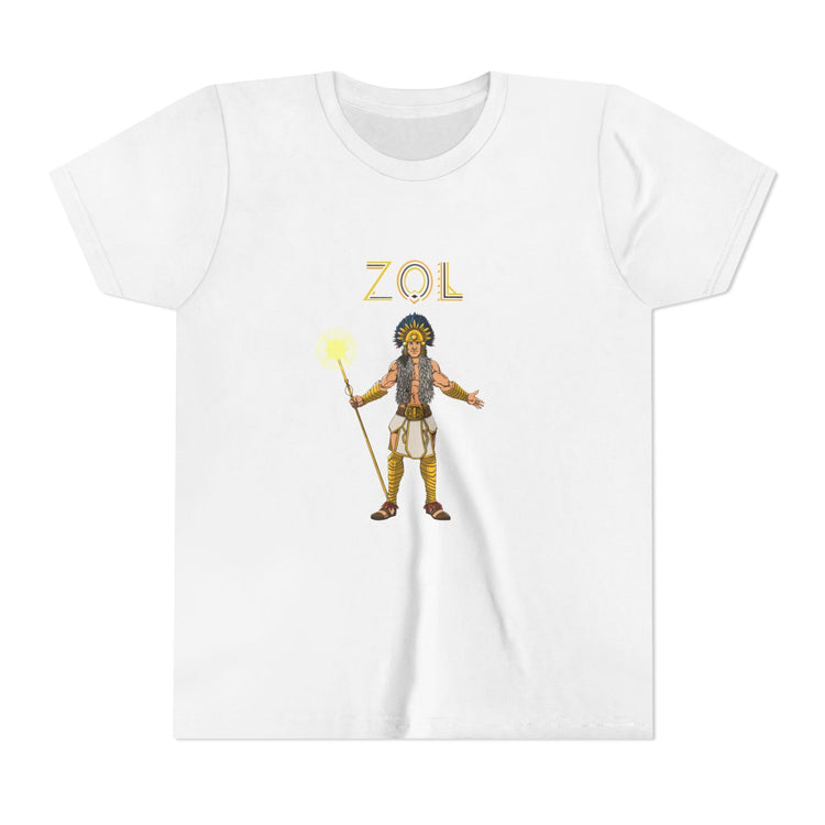 White t-shirt with a graphic of a character holding a staff and the word 'ZOL' on a white background