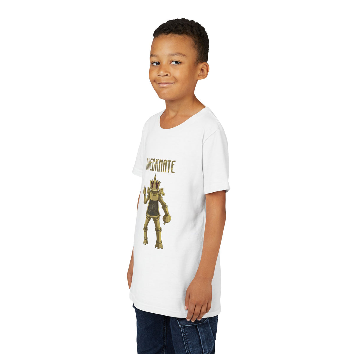 Child wearing a white t-shirt with a graphic design on a white background