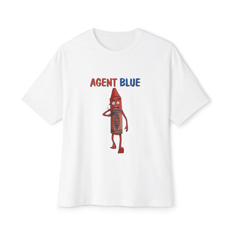 White t-shirt with a cartoon blue crayon character and 'Agent Blue' text on a white background