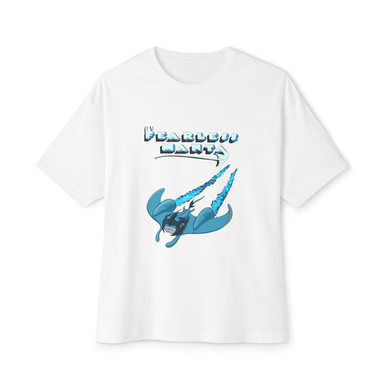 White t-shirt with a blue character and text on a white background