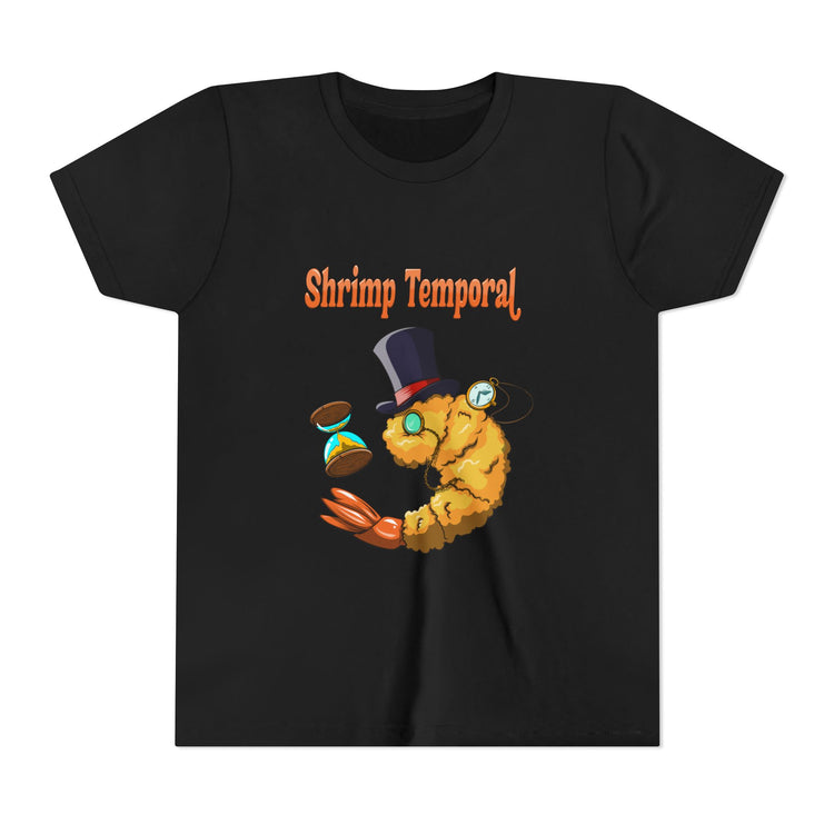 Black t-shirt with a cartoon shrimp wearing a top hat and holding a clock, labeled 'Shrimp Temporal'.