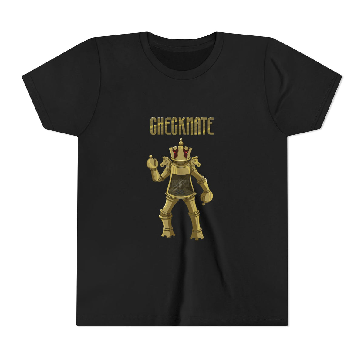 Black t-shirt with gold graphic and 'Checkmate' text on a white background