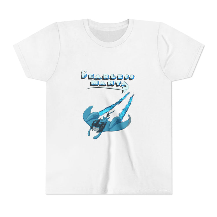White t-shirt with blue manta ray graphic and text on a white background