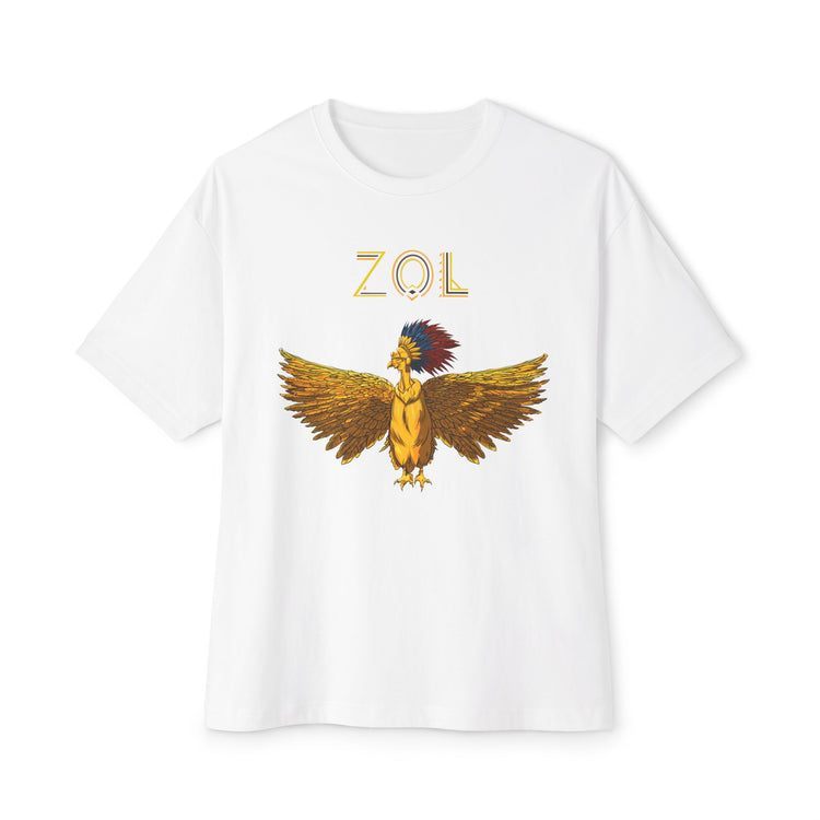 White t-shirt with a colorful eagle graphic and 'ZOL' text on a white background