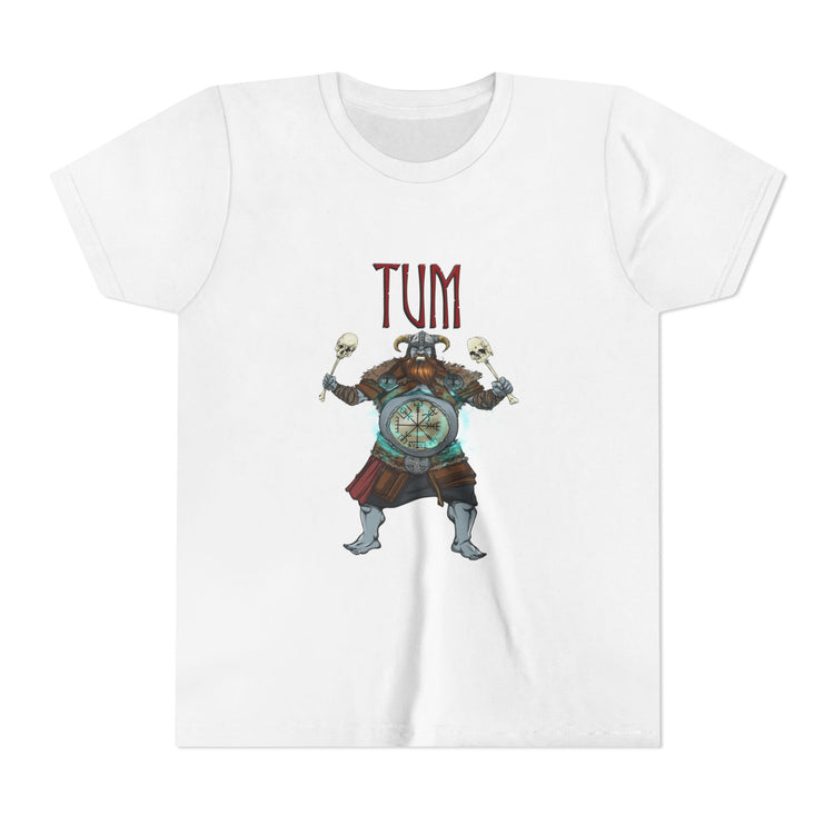 White t-shirt with a graphic design and 'TUM' text on a white background