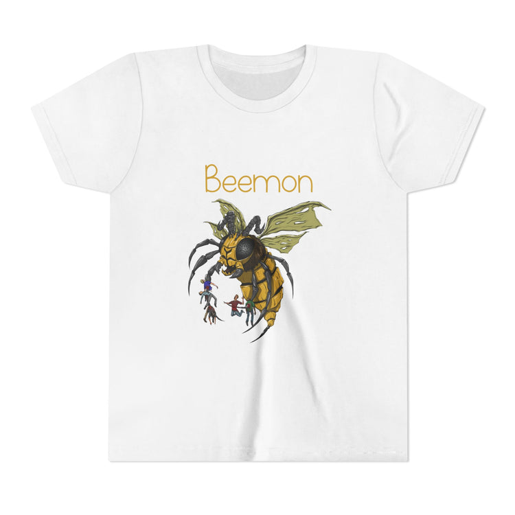 White t-shirt with a graphic of a bee-like creature and 'Beemon' text on a white background