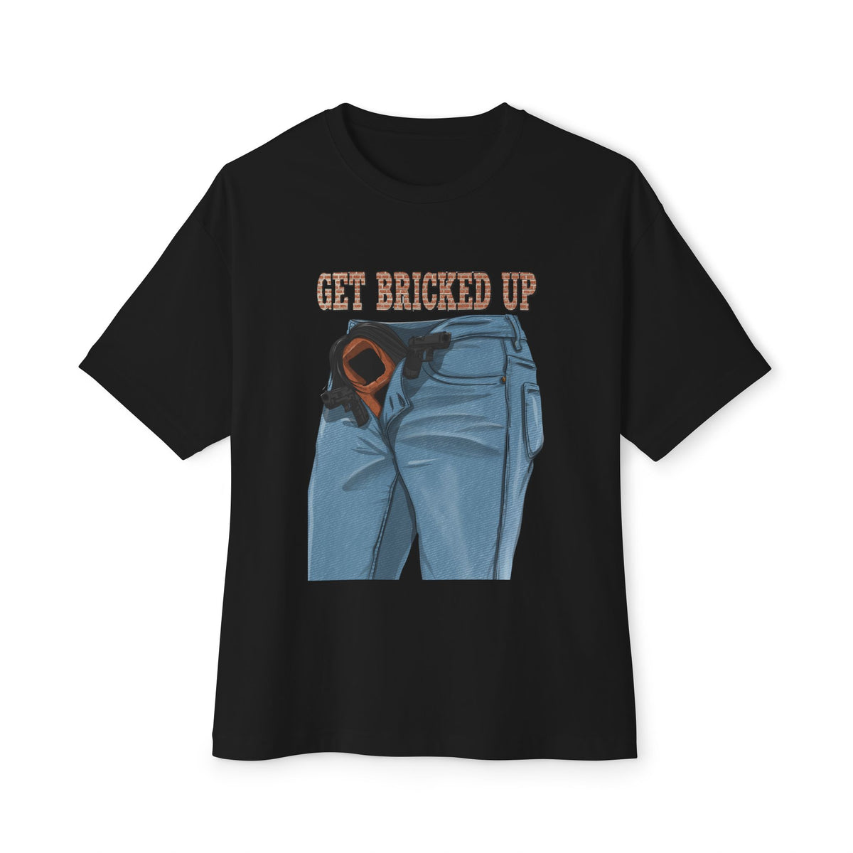 A black short-sleeve t-shirt with a graphic print of blue jeans with an orange awareness ribbon in the back pocket and the text 'GET BRICKED UP' in orange-brown above it, displayed on a solid white background.