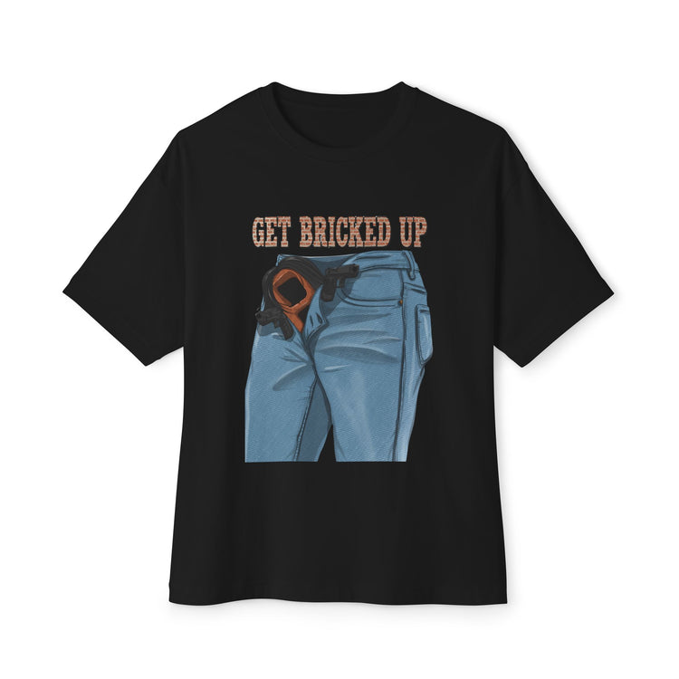 A black short-sleeve t-shirt with a graphic print of blue jeans with an orange awareness ribbon in the back pocket and the text 'GET BRICKED UP' in orange-brown above it, displayed on a solid white background.