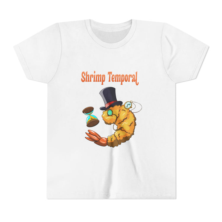 White t-shirt with a cartoon shrimp wearing a top hat and holding a hourglass, labeled 'Shrimp Temporal'.
