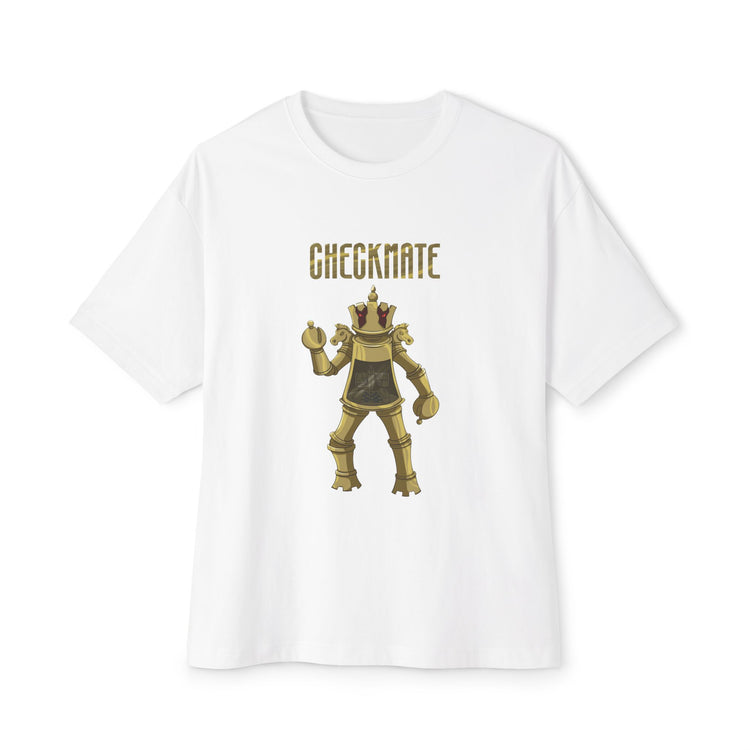White t-shirt with a gold robot graphic and 'Checkmate' text on a white background