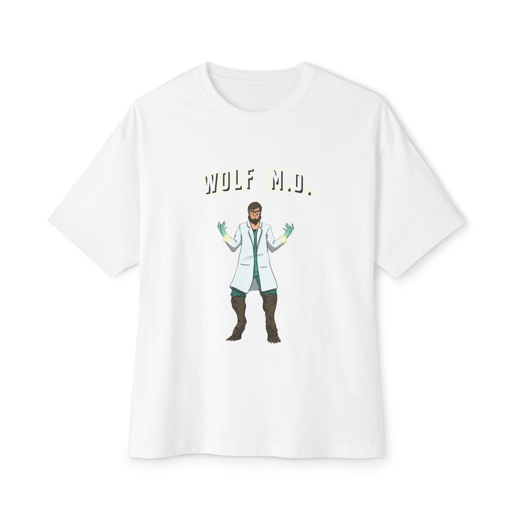 White t-shirt with a graphic of a person in a lab coat and 'Wolf M.D.' text on a white background