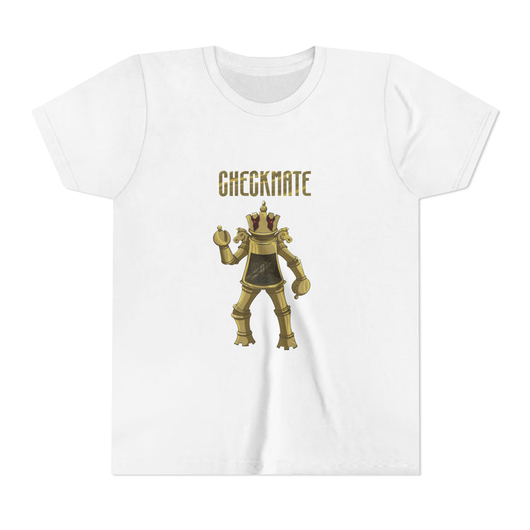 White t-shirt with a gold robot graphic and 'Checkmate' text on a white background