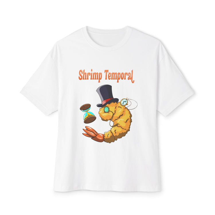 White t-shirt with a cartoon shrimp wearing a top hat and holding a hourglass, labeled 'Shrimp Temporal'.