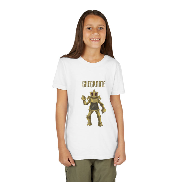 Young girl wearing a white t-shirt with a robot graphic and 'CHECKMATE' text on a white background