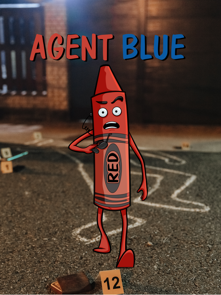 Cartoon red crayon character with 'Agent Blue' text on a dark background