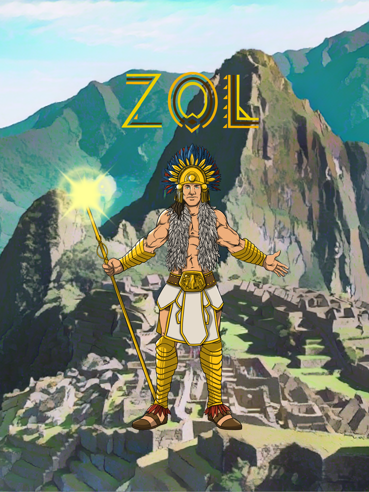 Animated character in warrior attire with 'ZOL' text against a mountainous landscape