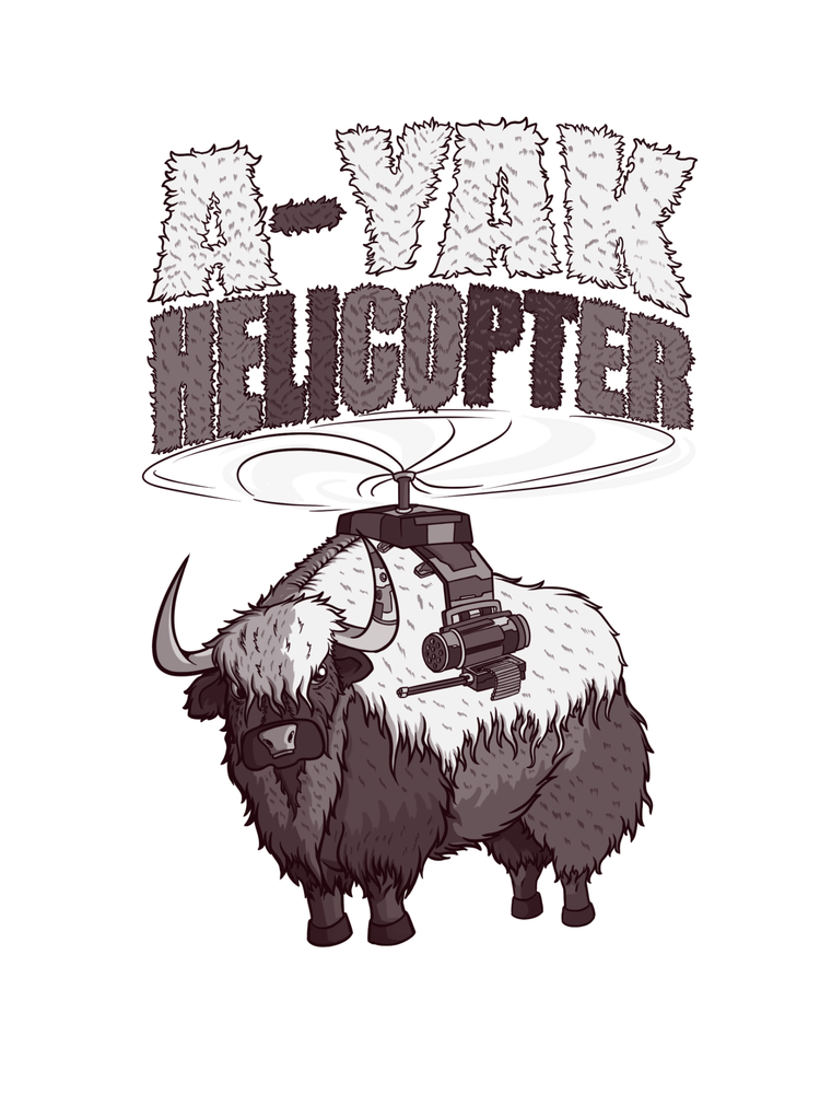 Illustration of a yak with a helicopter on its back, labeled 'Yak Helicopter'.