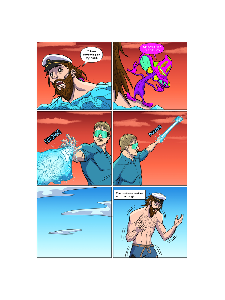 Comic strip with a man in a blue outfit interacting with a colorful creature on a red background.