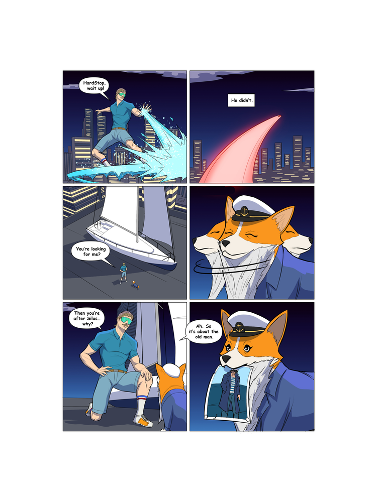 Comic strip with a character and a fox-like creature in a cityscape at night.