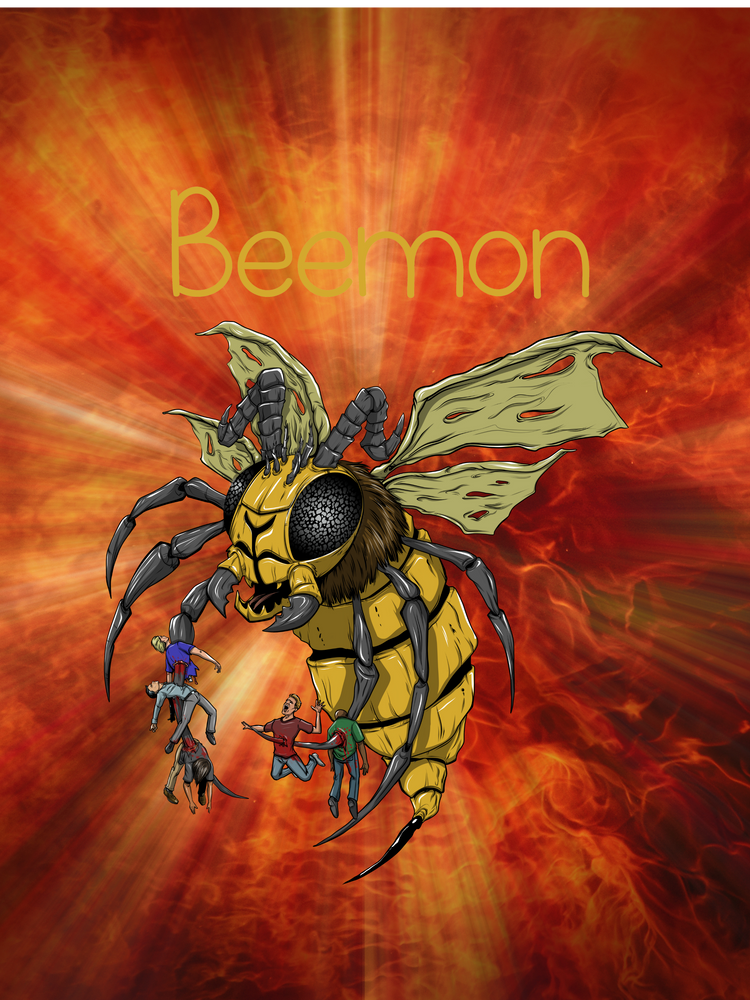 Cartoon bee-like creature with a fiery background and 'Beemon' text