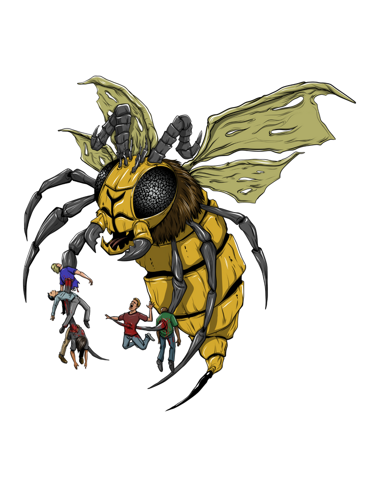 Illustration of a large mechanical bee with people underneath on a white background