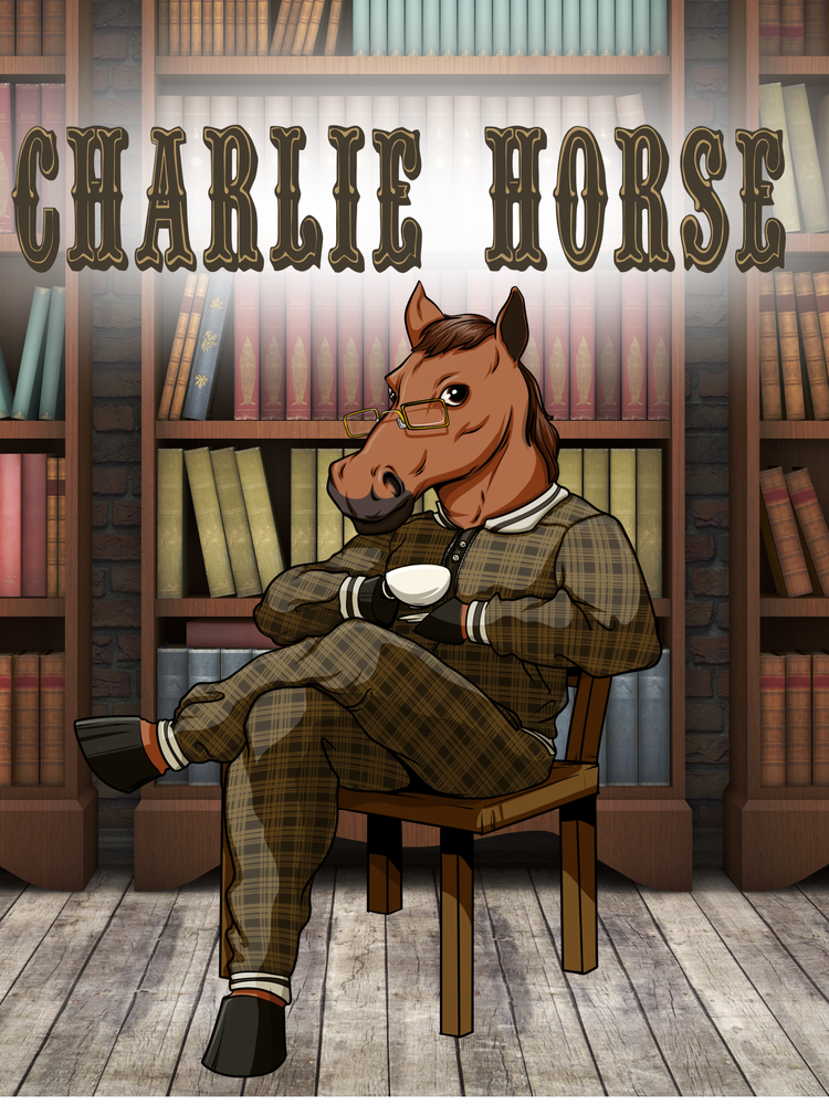 Illustrated cover art for 'Charlie Horse' showing a horse-headed character sitting on a wooden chair in a library, wearing a brown plaid suit and holding a white mug. The title 'CHARLIE HORSE' is displayed at the top in a decorative serif font.