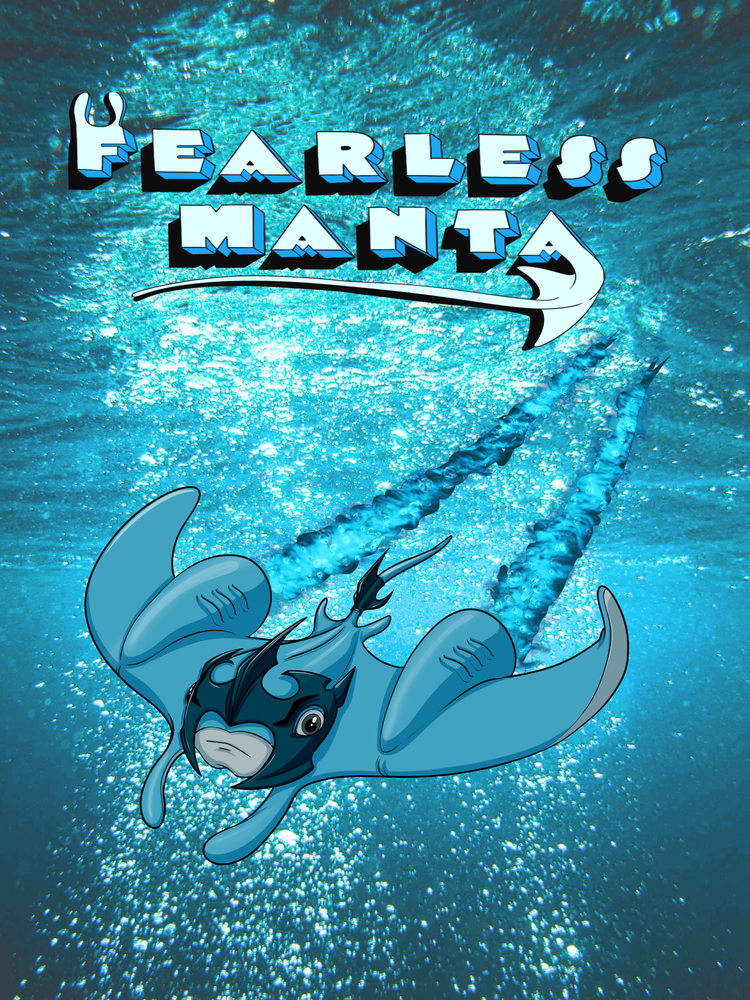 Cartoon manta ray with 'Fearless Manta' text on a blue underwater background