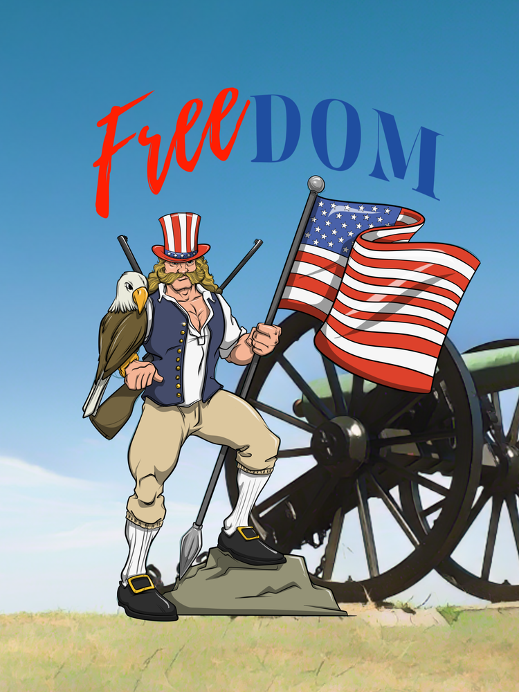 Cartoon character with American flag and eagle next to a cannon, with 'Freedom' text above.