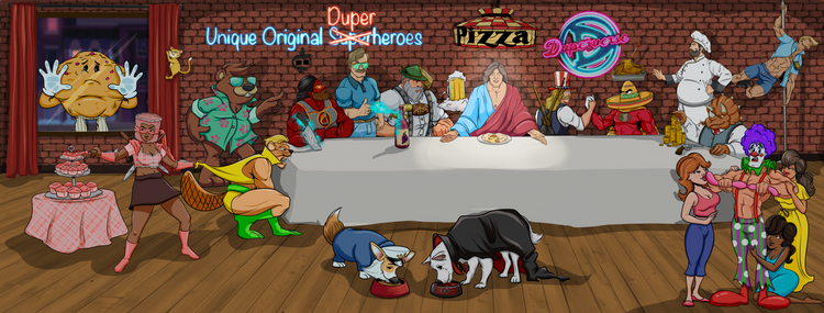 The Duperheroes gathered around one long dinner table, last supper style