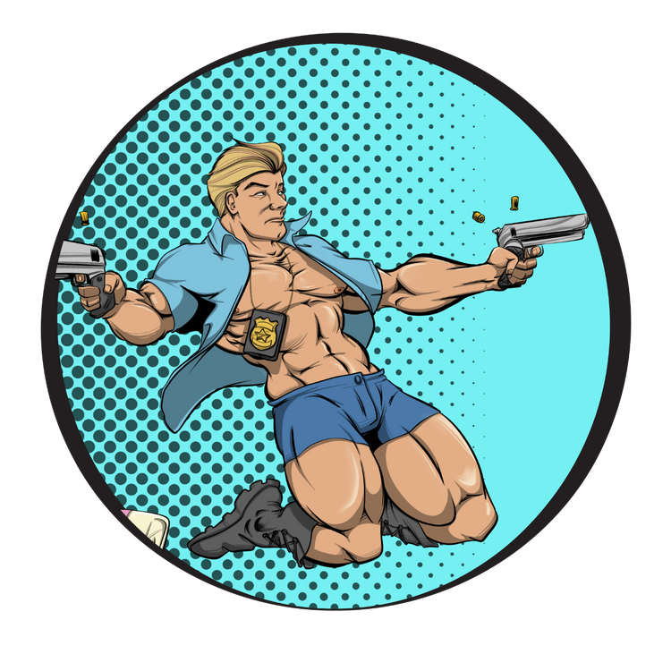 Cartoon character with a badge and guns on a polka dot background