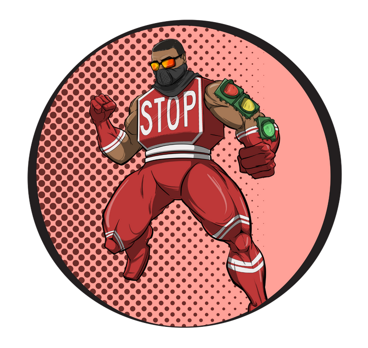 Superhero in red costume with 'STOP' sign on chest against a pink polka dot background