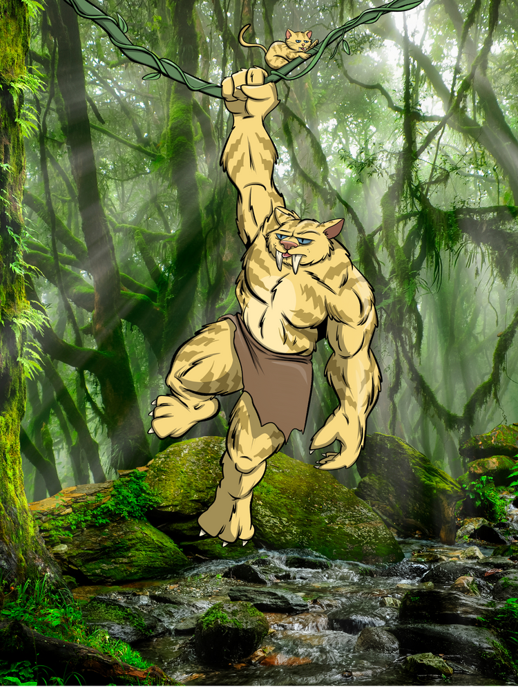 Muscular anthropomorphic creature in a jungle setting